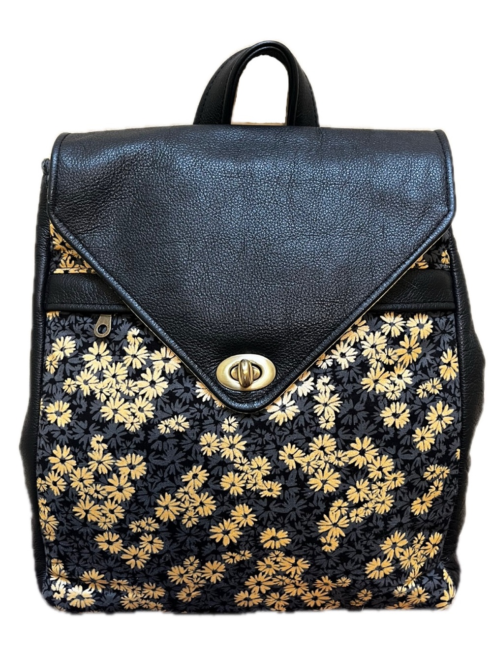 Handmade Yellow Floral Fabric & Black Faux Leather Backpack